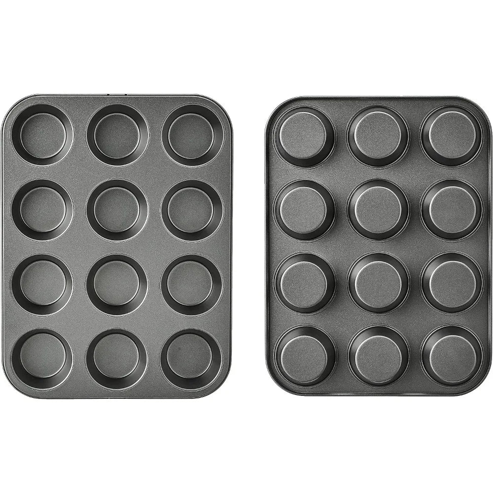 Nonstick Muffin Pan Set of 2, 12 Cups Each, Sturdy Steel, Oven Safe to 428°F, Easy Clean, Gray