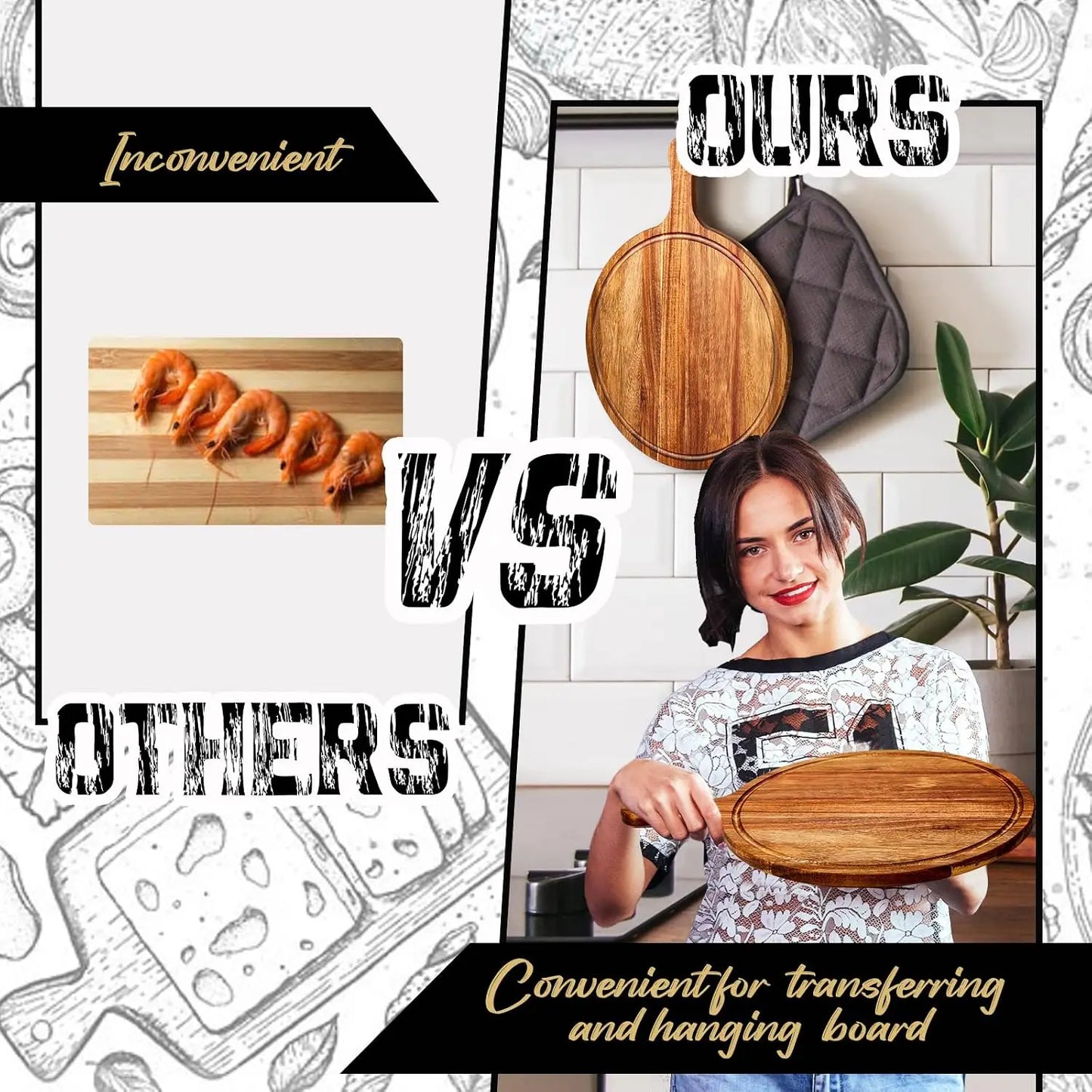 10 Pcs Acacia Wood Cutting Board with Handle - Round Serving Board for Pizza, Bread, Cheese, Charcuterie, Fruit, Vegetables - Kitchen Chopping Board Set