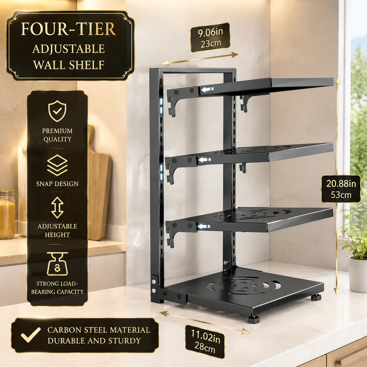 A height-adjustable 2/3/4/5/7-layer adjustable stainless steel kitchen storage rack, kitchen storage shelf, multi-layer drain organizer for pots, pans and tableware, painted finish, black, kitchen storage | shelf, kitchen sin