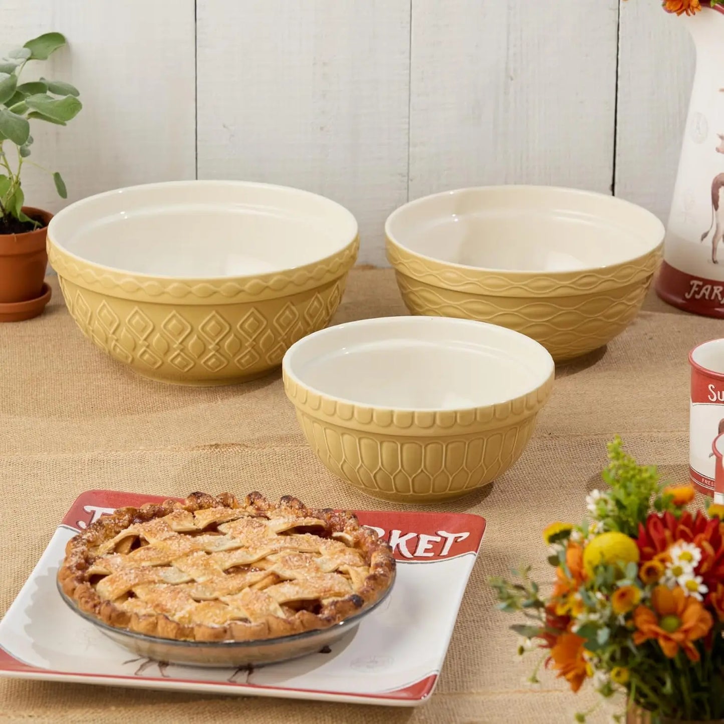 Stoneware Mixing Bowl Set, 3-Piece with Golden-Honey Finish, Nesting Design for Baking & Serving
