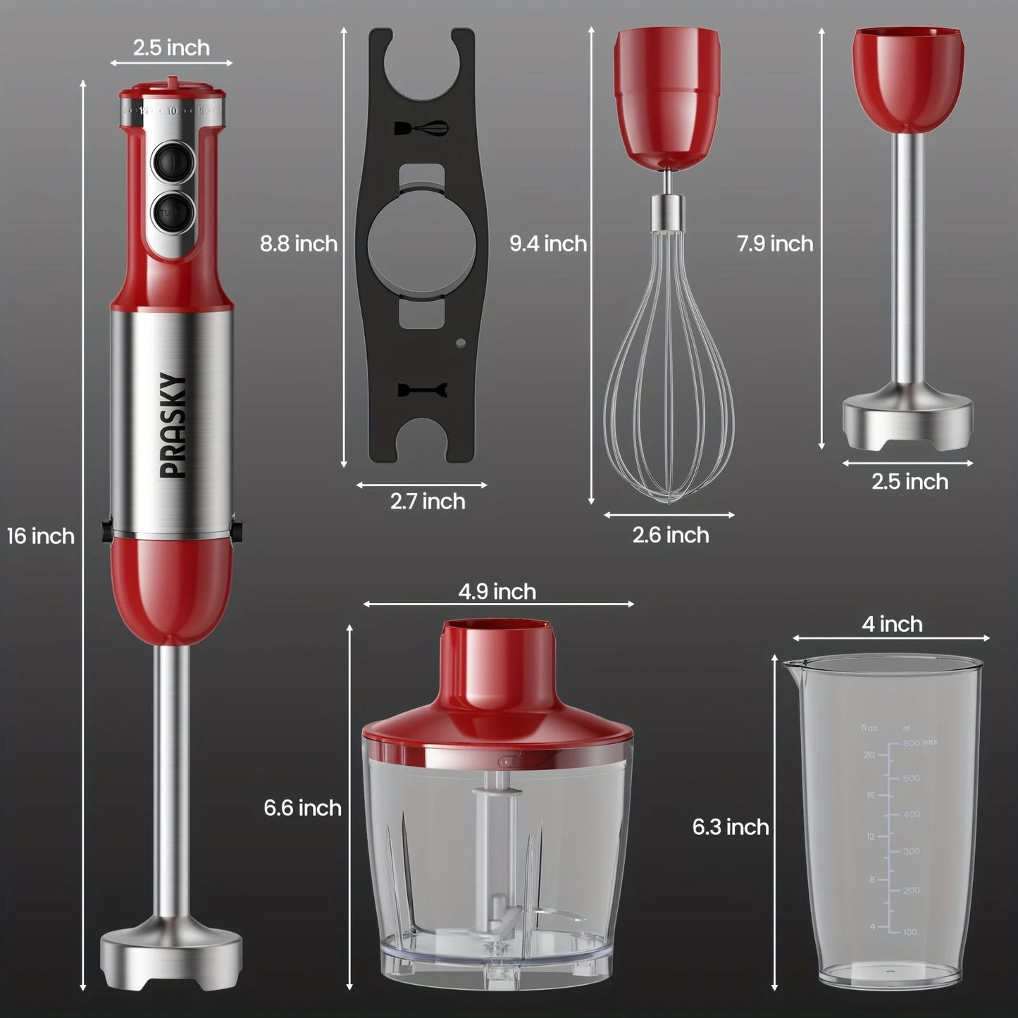 PRASKY 5-in-1 Handheld Immersion Blender with High Power Motor & Multi-Attachment System - Powerful Motor, Whisk, Meat Chopper