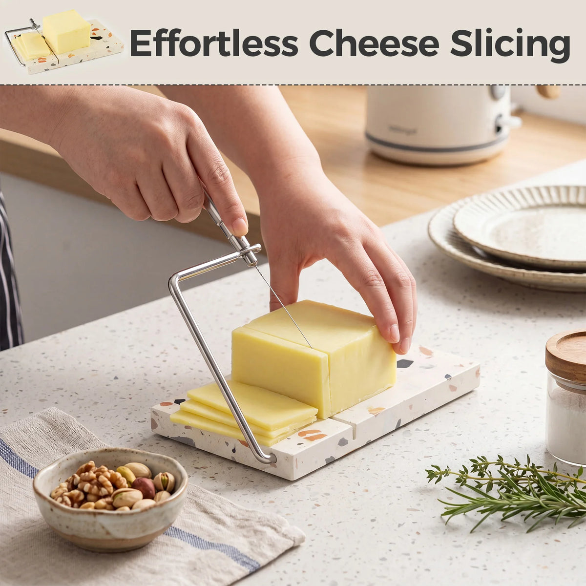 `Cheese Slicer Board, 8.5×7.1 Inch Natural Marble Cheese Cutter with Wire Slicer, Multi-Purpose Food Slicer for Cheese Butter Meat`