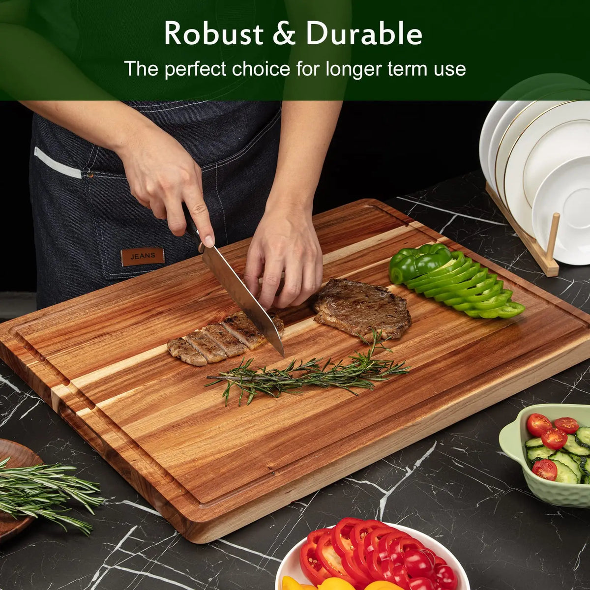 Acacia Wood Butcher Block Cutting Board Handle Juice Groove