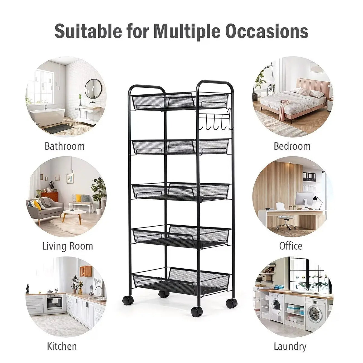 5 Tier Rolling Utility Cart with Wheels, Heavy Duty Metal Storage Organizer Trolley with Hooks and Removable Baskets, Multi-Purp
