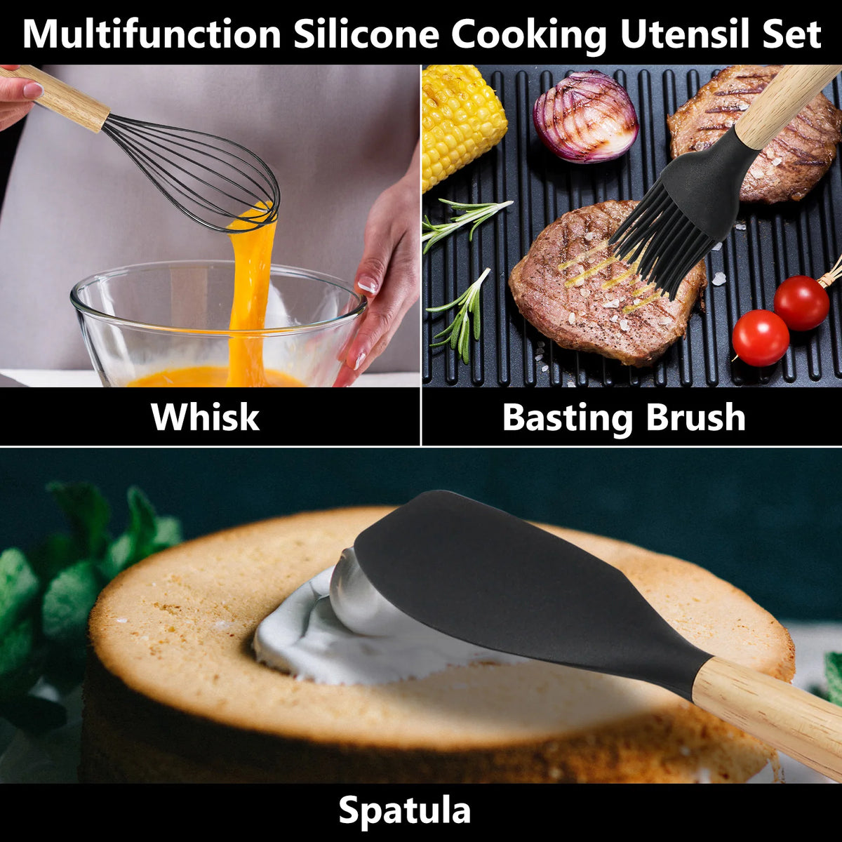 KOOMADE 12Pcs Silicone Cooking Utensils Set Natural Wood Handle Heat Resistant Non-Stick Kitchen Spatula Spoon Whisk Tongs Baking Tools With Storage Holder Kitchen Cookware Accessories