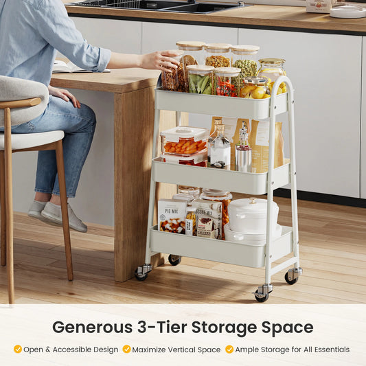 MCQ 3 Tiers Mobile Metal Frame Kitchen Cart Rolling Storage Shelf with Lockable Caster Wheels Organization Utility Cart for Livingroom Kitchen Narrow Places ﻿