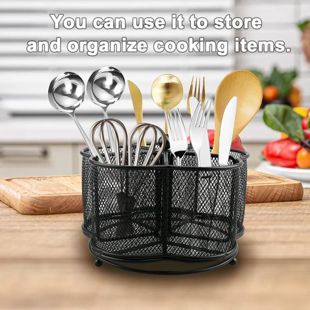 Rotating Stainless Steel Cutlery Holder With Five Compartments
