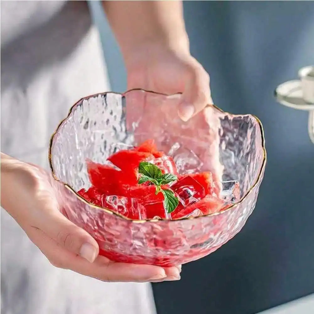 3-Pack Glass Bowls For Kitchen Prep, Nesting Space Saving Set Of Bowls, Pink Crystal Bowl Set, Irregular Shape Glass Bowl For Salad,Ice Cream, Cereal,Dessert, Freezer (Light Pink)