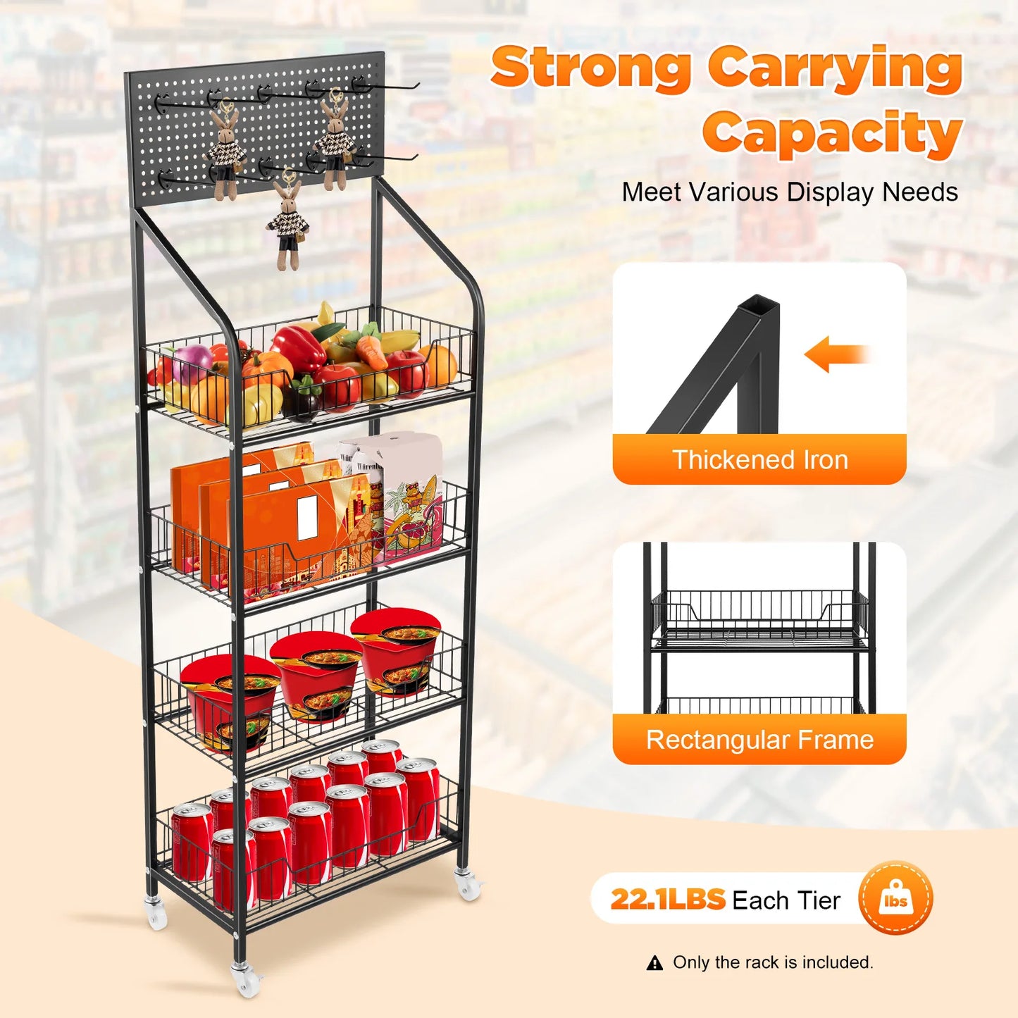 4 Tier Retail Display Rack with Wheel Display Snack Rack Candy Fruit Towel Basket Stand Cart Metal Basket Storage Shelf