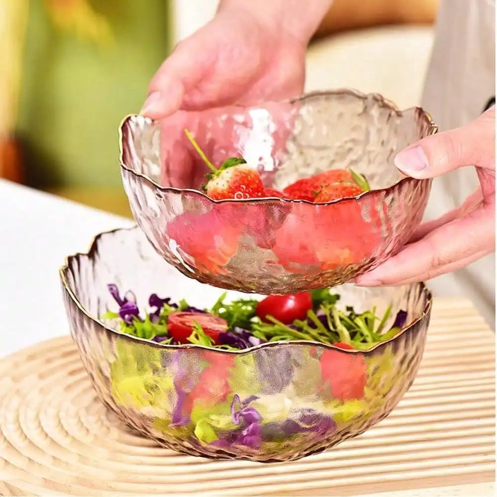 3-Pack Glass Bowls For Kitchen Prep, Nesting Space Saving Set Of Bowls, Pink Crystal Bowl Set, Irregular Shape Glass Bowl For Salad,Ice Cream, Cereal,Dessert, Freezer (Light Pink)