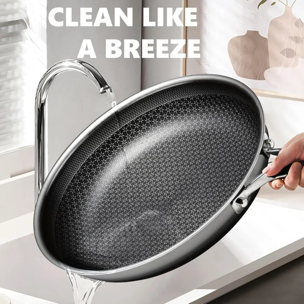 Non Stick Frying Pans Set with 2 Lid, Hybrid Skillet Set Nonstick (8+10+12inch), Pans for cooking