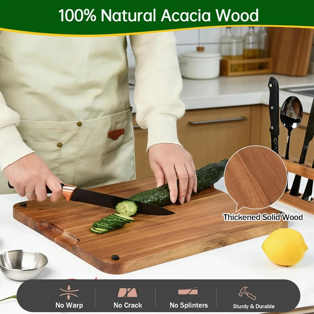 16.5" Acacia Wood Steak Board Set, Magnetic Charcuterie Board with Stainless Steel Scratch-Proof Surface, Serving Platter with Cutlery & Sauce Cup