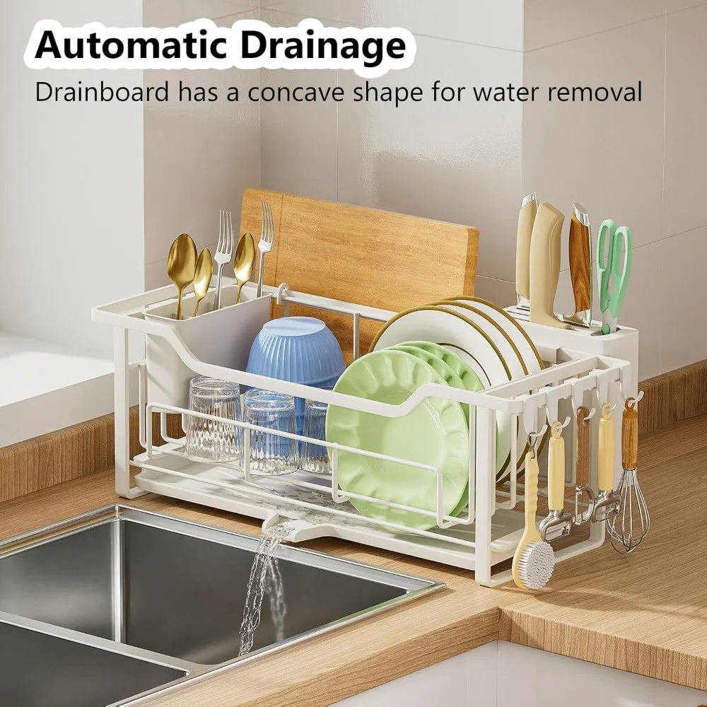 Narrow Auto Drain Dish Rack with Removable Cutlery Basket White
