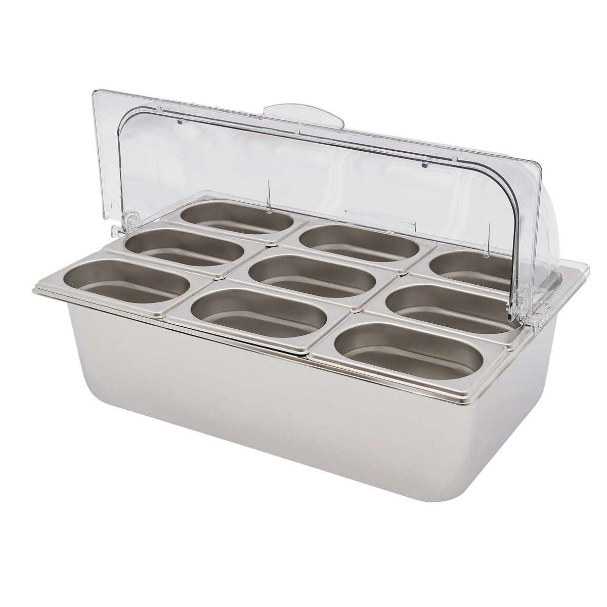 9-Compartment Stainless Steel Fruit Tray with Ice Pack Base, Clear Flip Lid, 21 Inch Buffet Serving Platter for Party Picnic