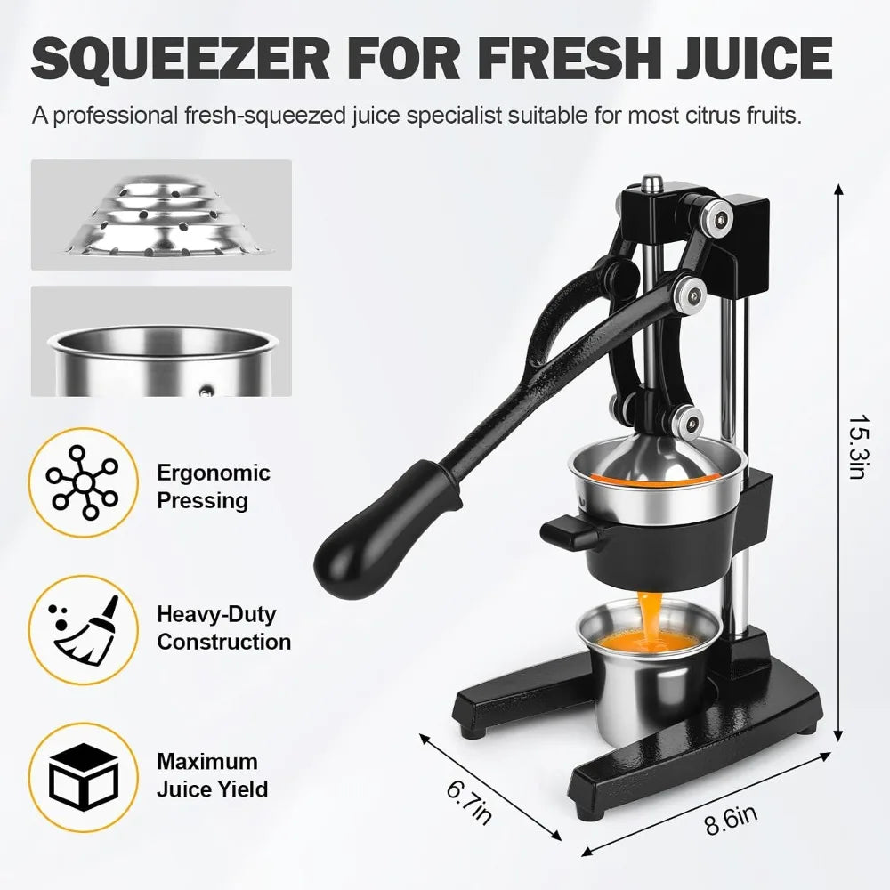 Heavy Duty Cast Iron Lemon Squeezer, 304 Stainless Steel Cone, Manual Citrus Juicer Press for Oranges, Limes, Easy Clean