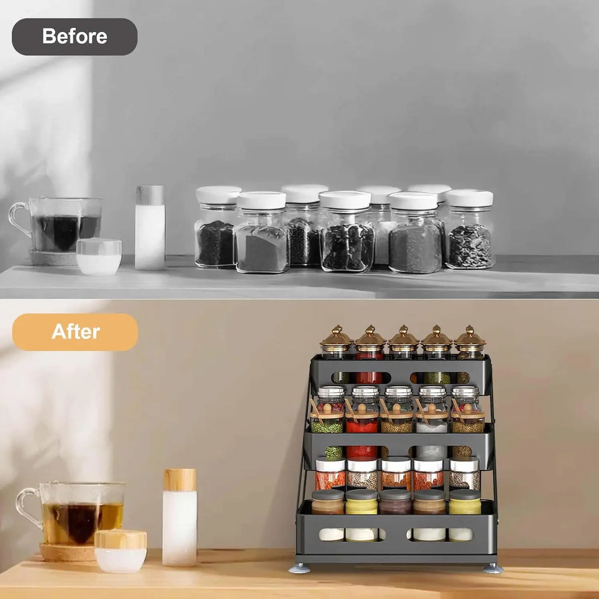 Carbon Steel Tiered Spice Rack with Non-Slip Suction Cups, 3-Tiers Countertop Spice Rack, Adjusted Height 10-10.8Inch, Space-Saving for Kitchen Desktop