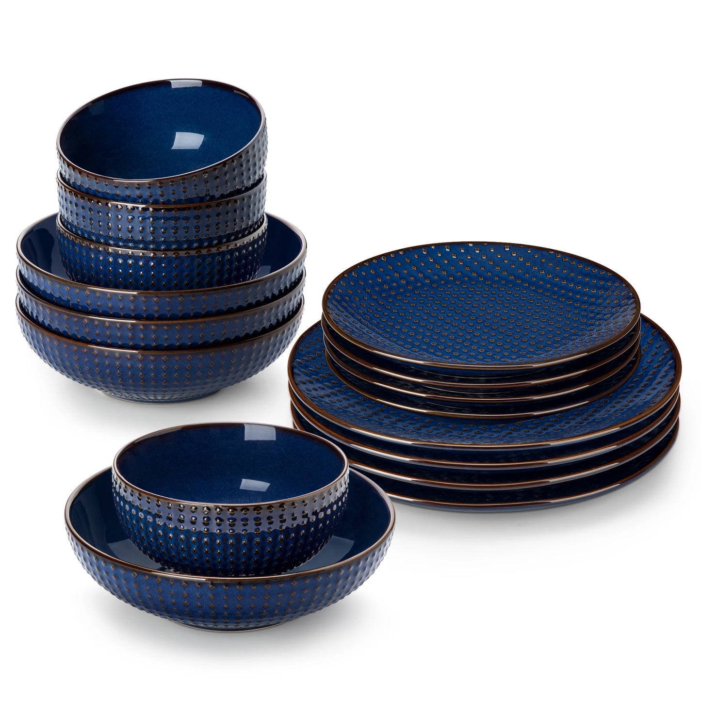 MALACASA LYDIA 16/32 Piece Blue Stoneware Plates Dinner Set Embossment Dinnerware with 6pcs Dinner plate/Dessert/Soup/Bowl