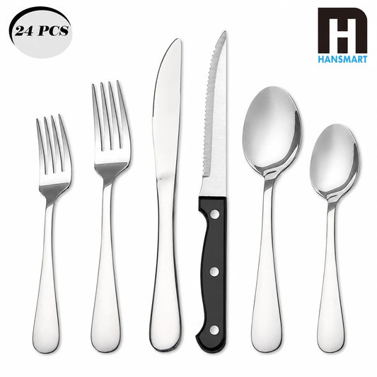 KOOMADE 24Pcs Stainless Steel Flatware Set Service for 4 Mirror Polished Cutlery With Steak Knives Forks Spoons Dishwasher Safe for Home Wedding Holiday Gift