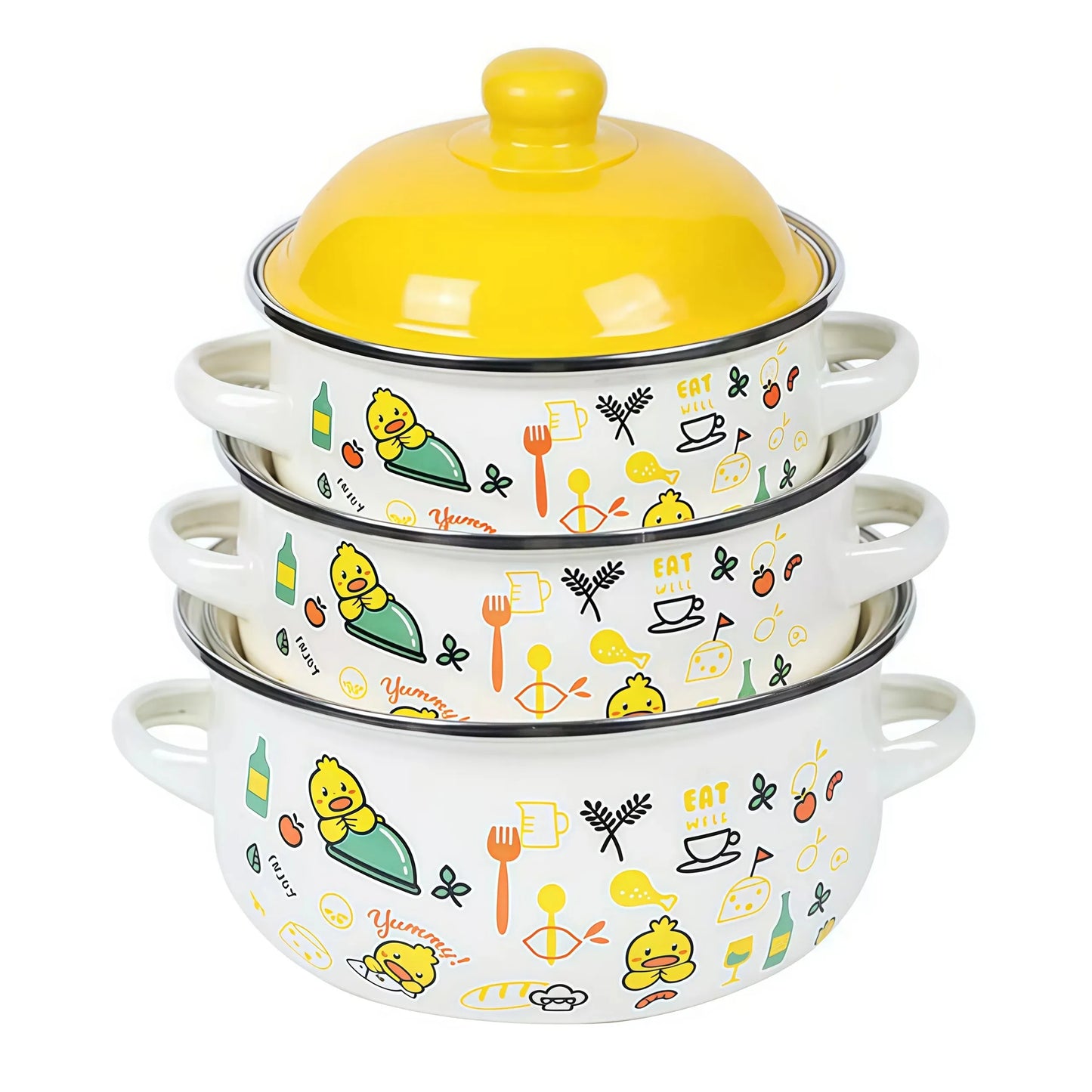 3Pcs Vintage Enamel Stock Pot Set with Lid,34oz/51oz/68oz Retro Flower Cooking Pot, Flat Bottom Stew Pot with Dual Handles for Induction & Gas Stove Kitchen Use