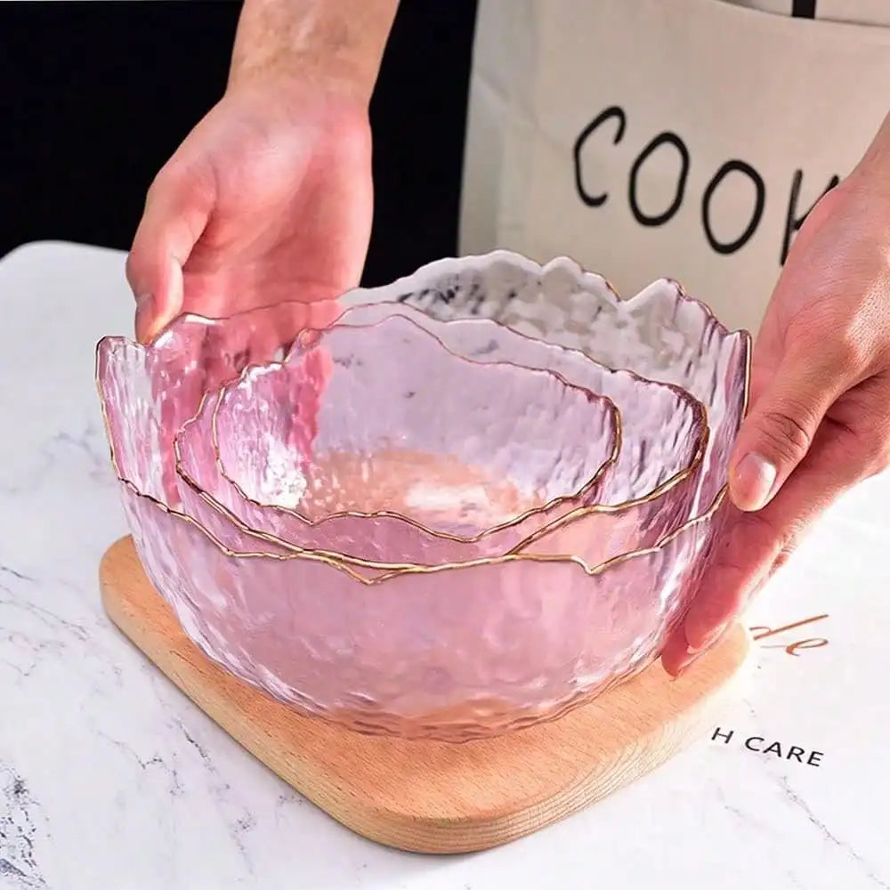 3-Pack Glass Bowls For Kitchen Prep, Nesting Space Saving Set Of Bowls, Pink Crystal Bowl Set, Irregular Shape Glass Bowl For Salad,Ice Cream, Cereal,Dessert, Freezer (Light Pink)