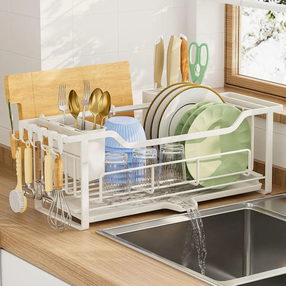 Narrow Auto Drain Dish Rack with Removable Cutlery Basket White