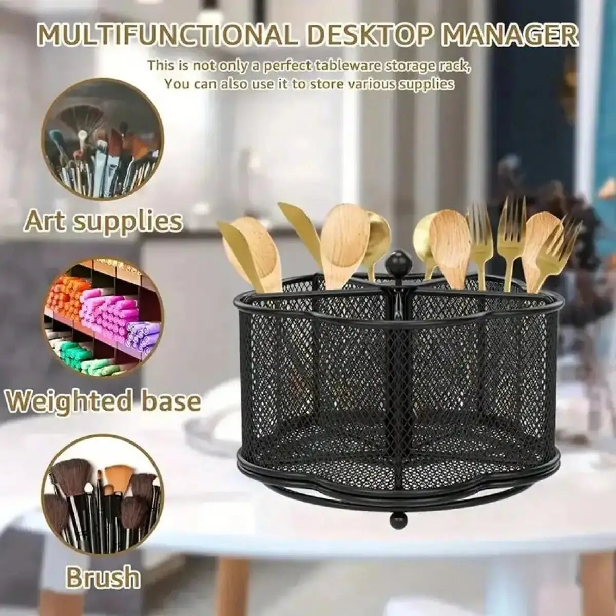 Rotating Stainless Steel Cutlery Holder With Five Compartments