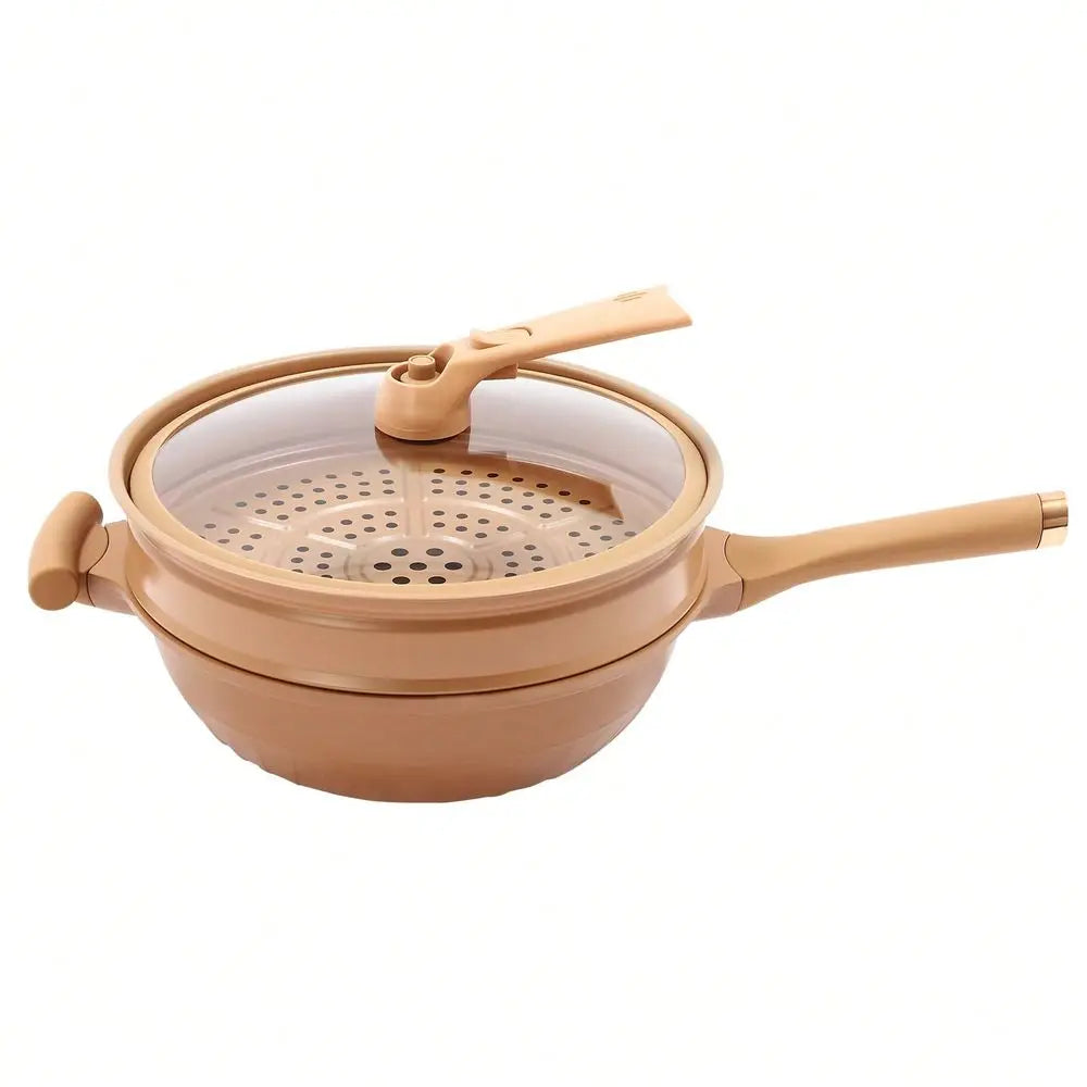 Multifunctional Non-Stick Clay Wok With Steamer Basket Frying Pan, 12.6in Pottery Clay Non-Stick Micro Pressure Pot 2-In-1 Micr