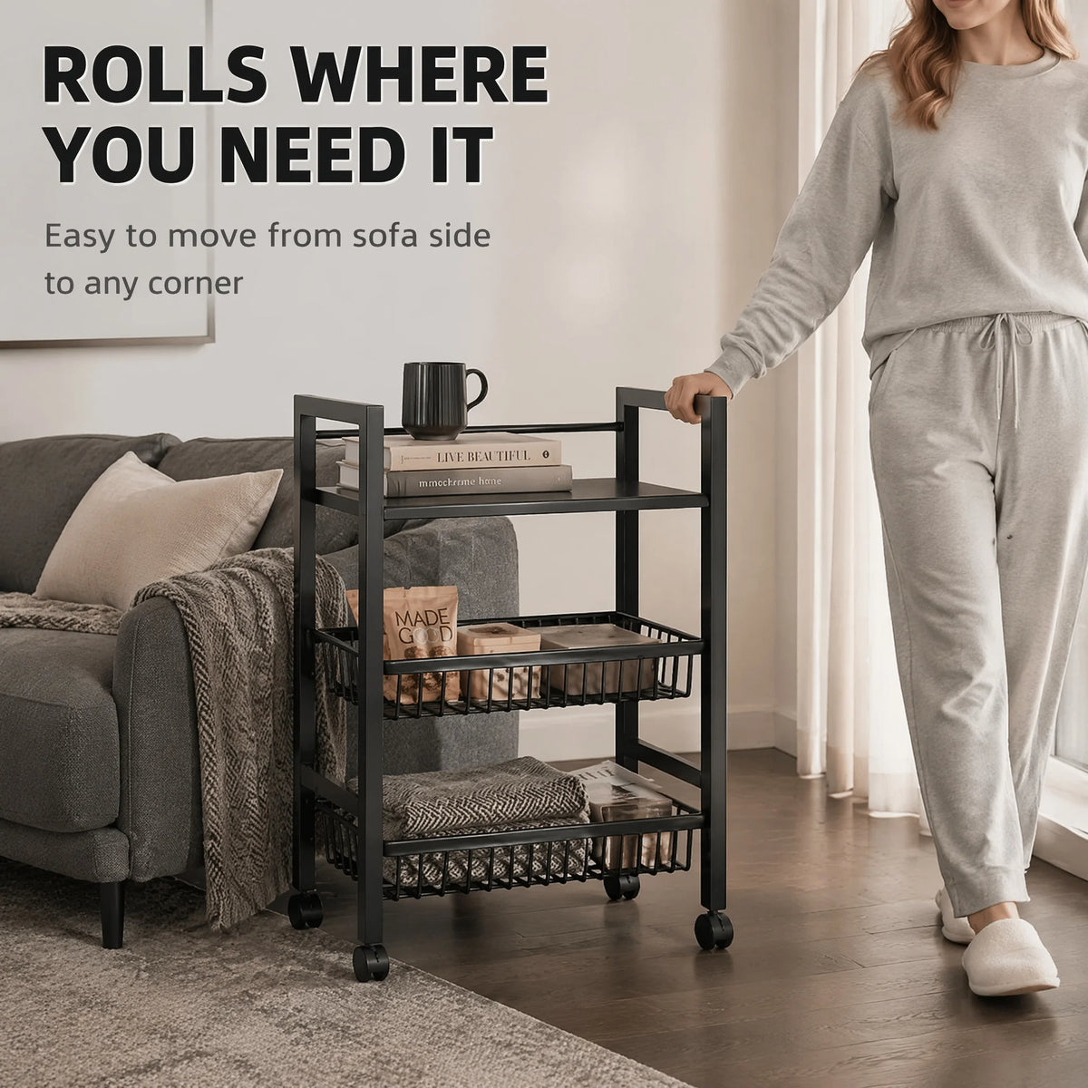 3-Tier Rolling Storage Cart with Flat Top Shelf & 2 Breathable Wire Baskets – Mobile Organizer for Kitchen Bathroom Laundry – Black Metal Utility Trolley with Wheels for Easy Movement