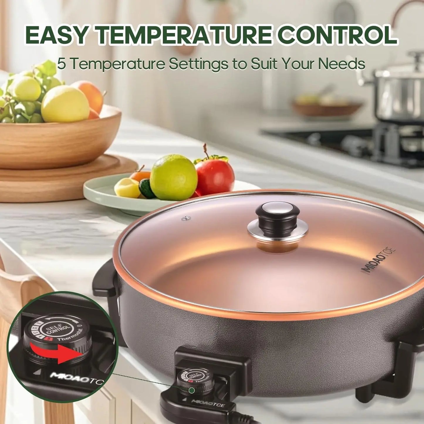 14' Large Electric Skillet with lid, Ceramic Nonstick Coating Electric Frying Pan, 1500W Quick & Even