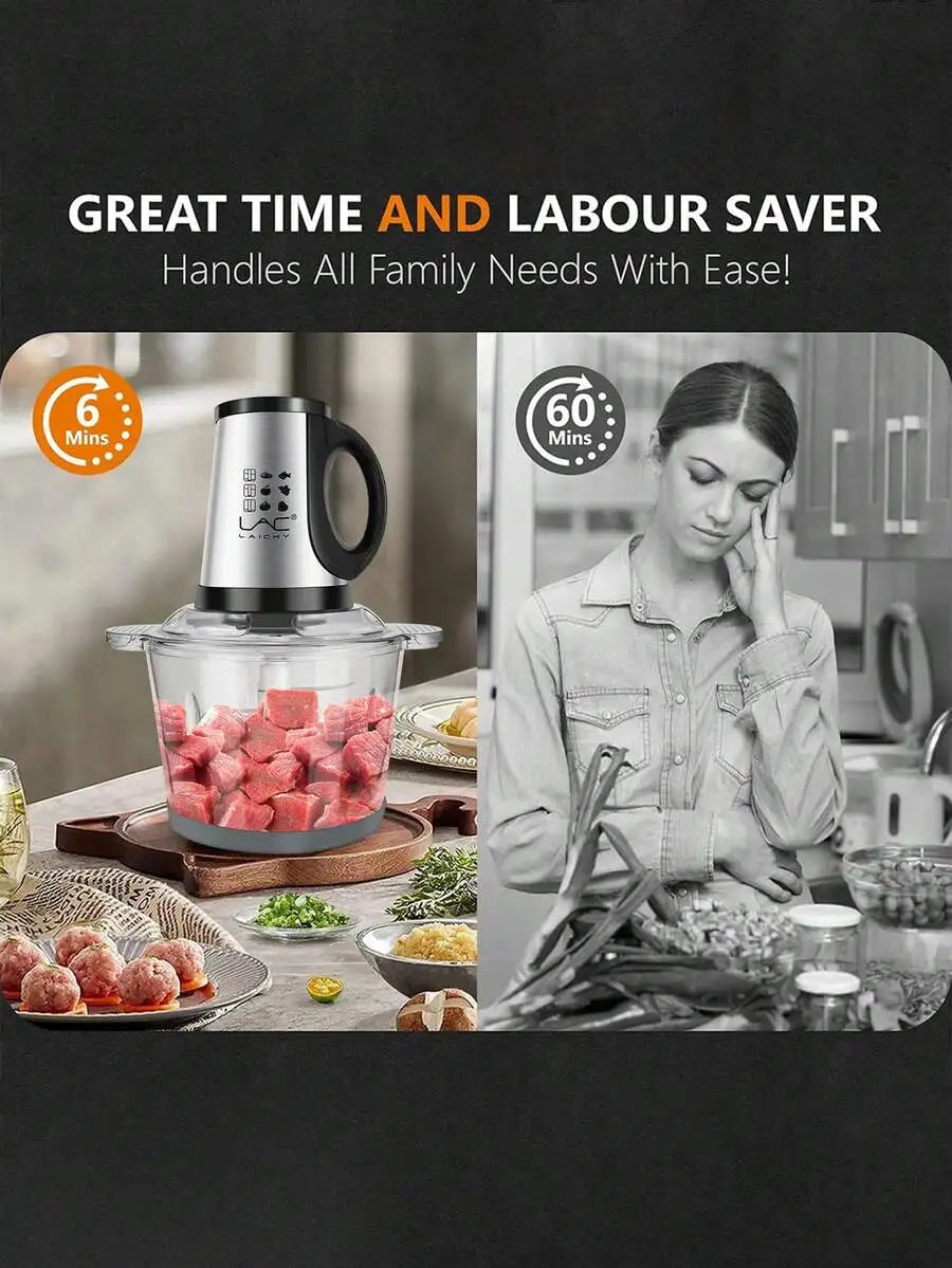 3.8L Large Capacity Electric Meat Grinder, Two Container Stainless Steel & Glass Food Processor With Double 4-Blade System, Food
