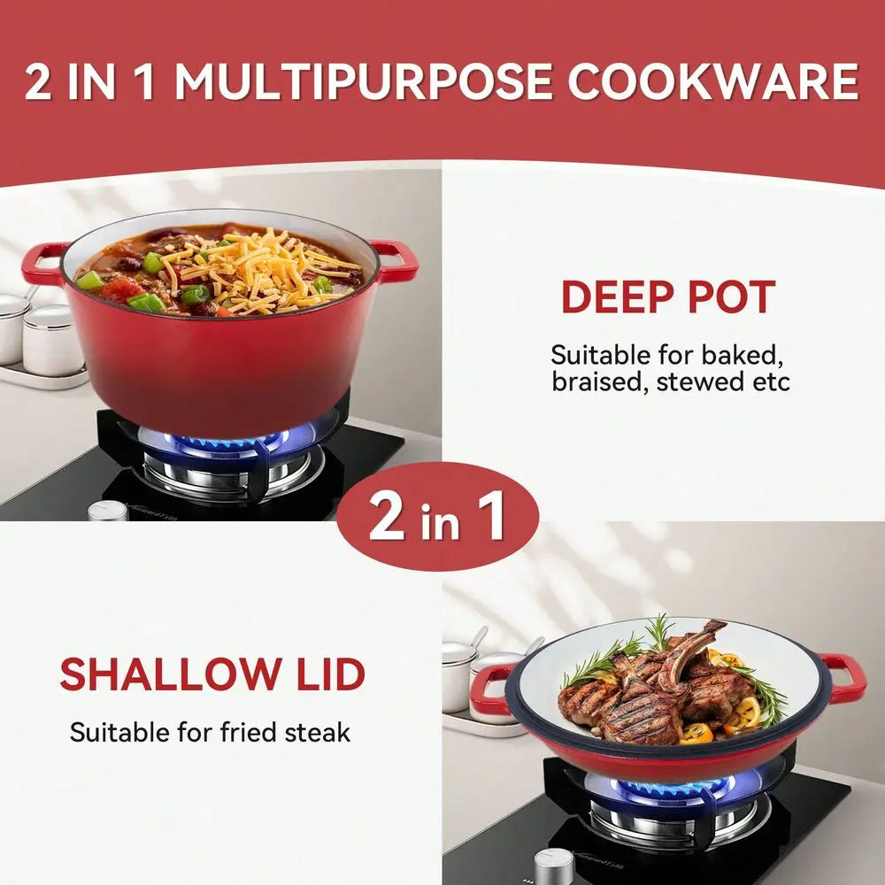 Nalupatio Kerilyn 2-In-1 Enameled Cast Iron Dutch Oven, 6QT Dutch Oven + 2QT Frying Pan Lid, Suitable For Bread Baking, Stewing