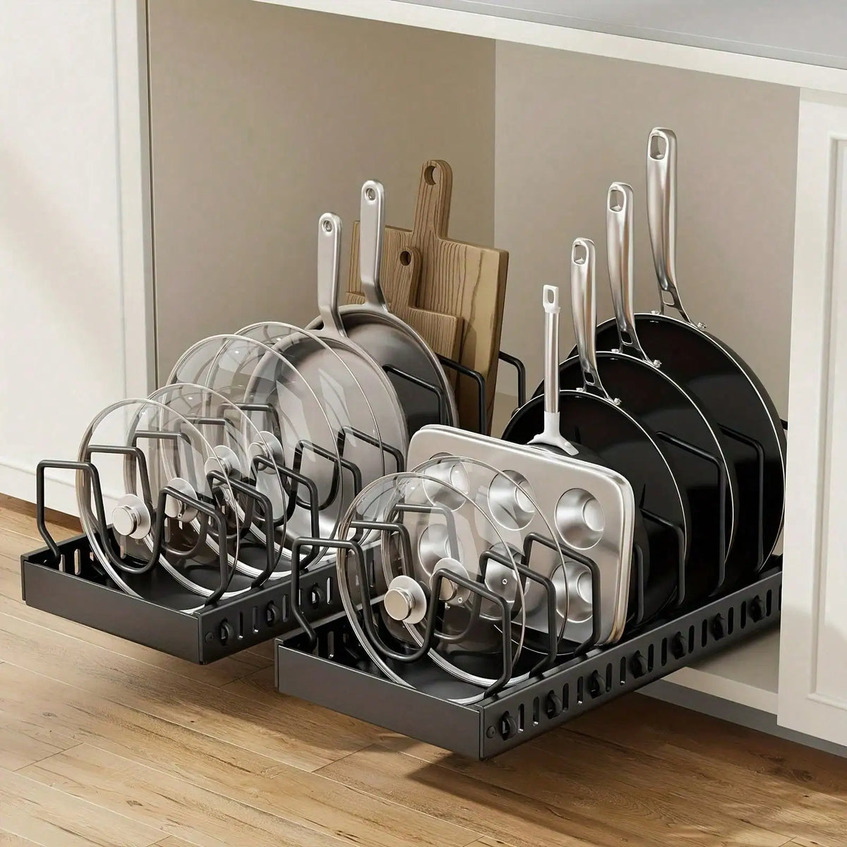 Heavy Duty Pull Out Pot Lid Organizer With Adjustable Compartments