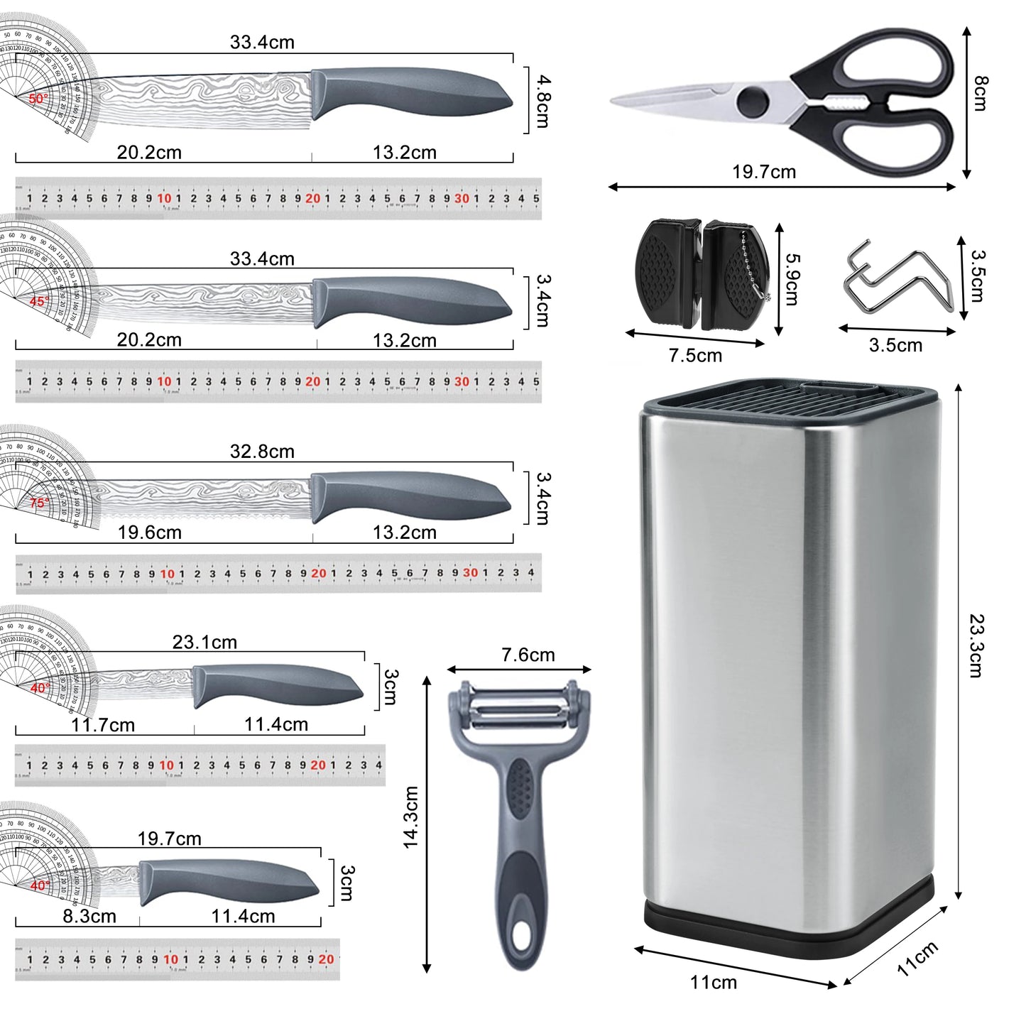 10Pcs Damascus Pattern Stainless Steel Kitchen Knife Set with Stainless Steel Universal Knife Block Peeler Scissors Knife Sharpener Household Chef Paring Cooking Cutlery Kit