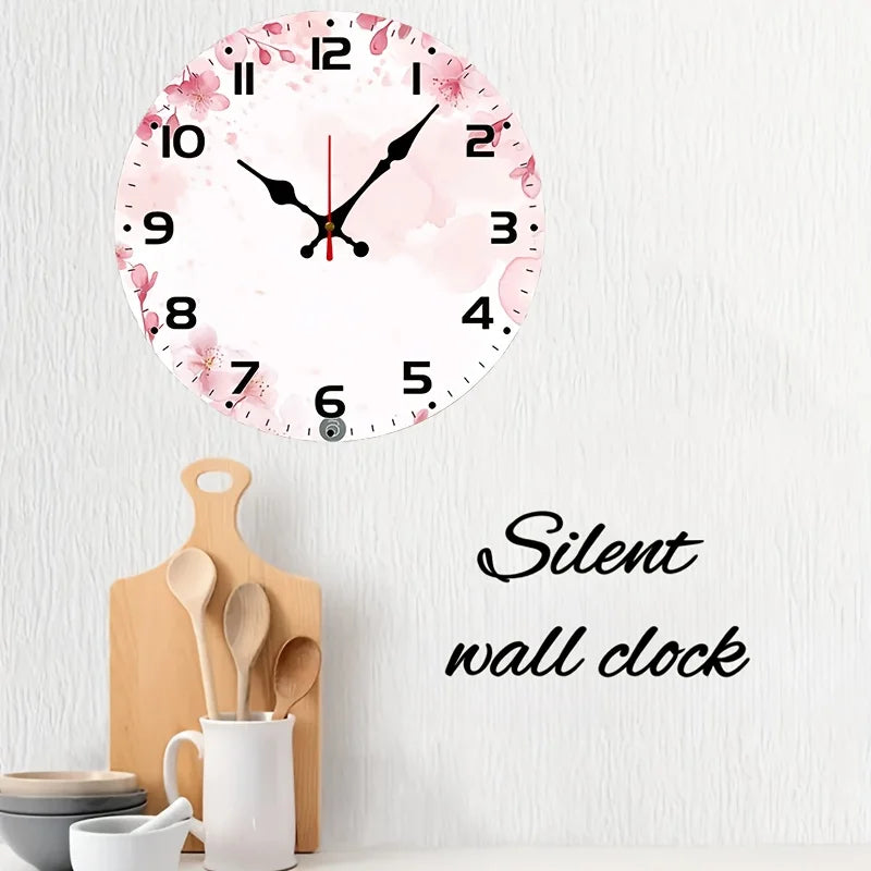 Pink Flower Backdrop Clock - 10inch Wood Veneer Europe and America Style Round Silent Flat Wall Clock - Batteries Not Included -