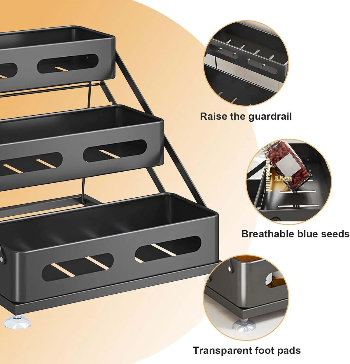 Carbon Steel Tiered Spice Rack with Non-Slip Suction Cups, 3-Tiers Countertop Spice Rack, Adjusted Height 10-10.8Inch, Space-Saving for Kitchen Desktop