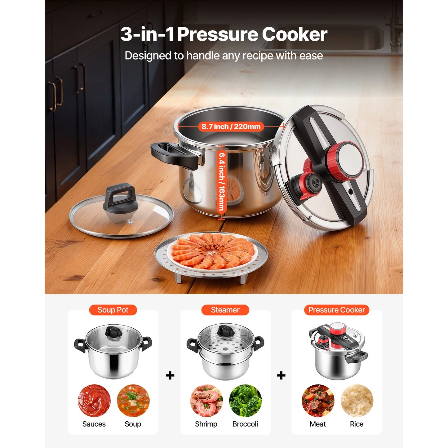 SucceBuy 6.3 8 10 12 Qt Pressure Cooker Stainless Steel Pressures Canner with Steaming Rack Tempered Glass Lid for Meat, Beans,