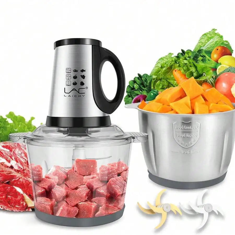 3.8L Large Capacity Electric Meat Grinder, Two Container Stainless Steel & Glass Food Processor With Double 4-Blade System, Food