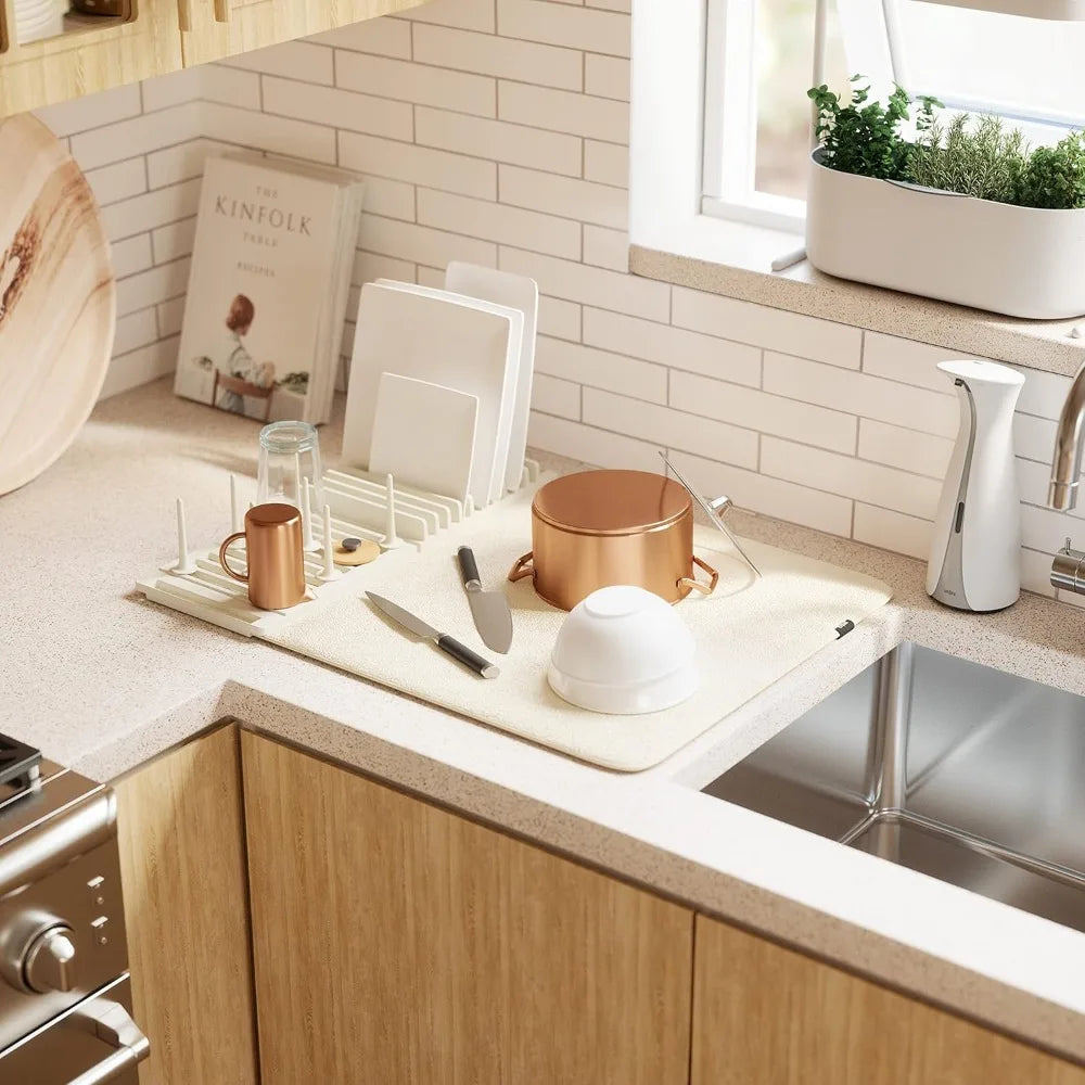 Foldable Dish Rack with Adjustable Pegs and Drying Mat Compact Storage Linen