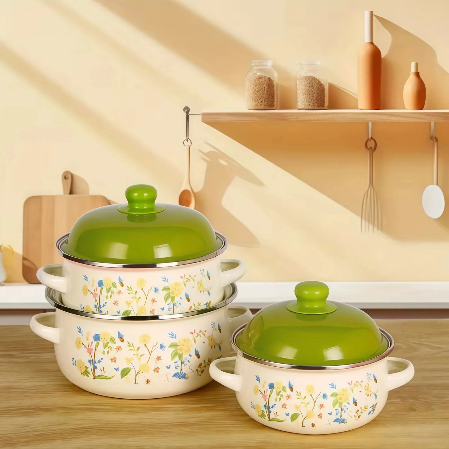 3Pcs Vintage Enamel Stock Pot Set with Lid,34oz/51oz/68oz Retro Flower Cooking Pot, Flat Bottom Stew Pot with Dual Handles for Induction & Gas Stove Kitchen Use