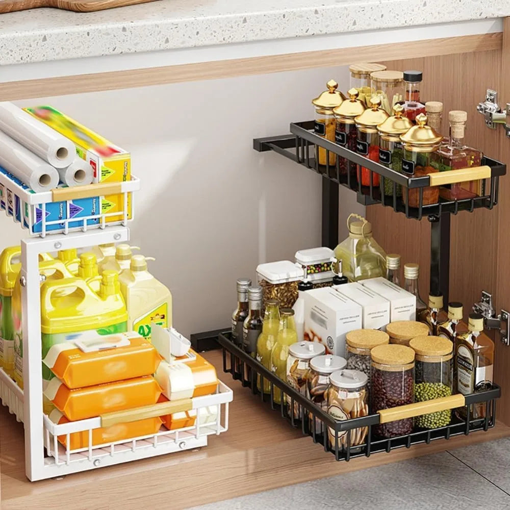 Garvee 2 Tier White/Black Under Sink Organizer Pull Out Sliding Drawer Fixed Metal Storage Rack for Kitchen Bathroom, Cleaning & Spice Organizer