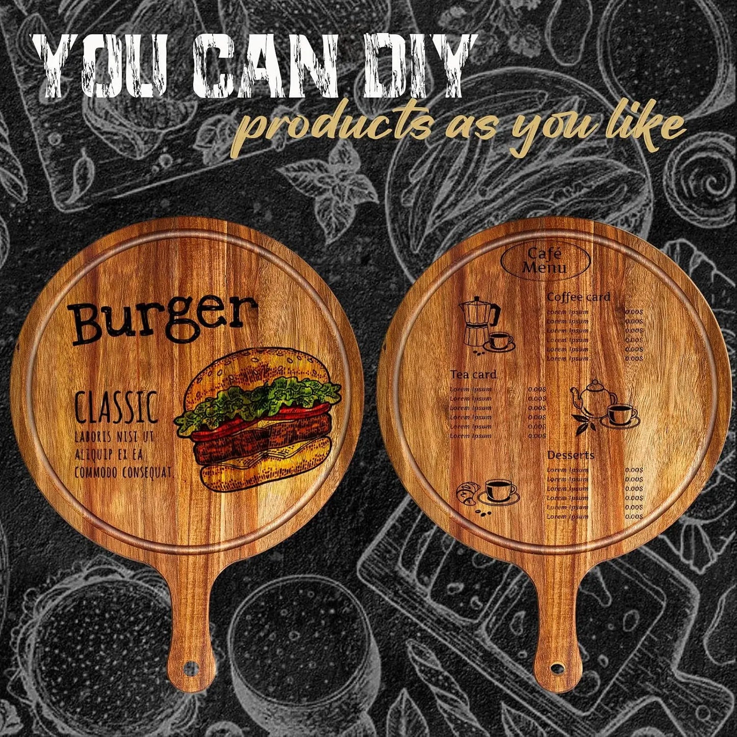 10 Pcs Acacia Wood Cutting Board with Handle - Round Serving Board for Pizza, Bread, Cheese, Charcuterie, Fruit, Vegetables - Kitchen Chopping Board Set