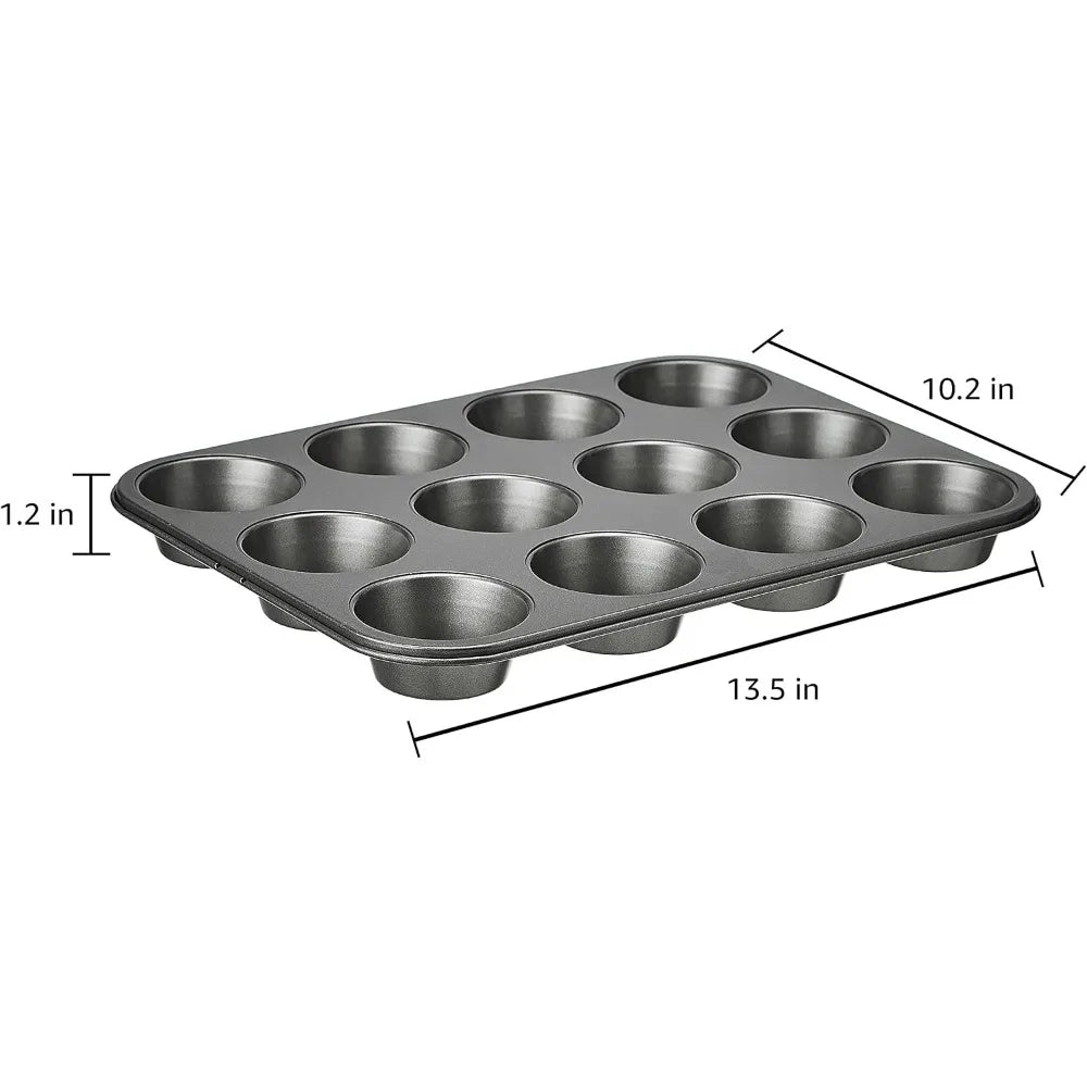 Nonstick Muffin Pan Set of 2, 12 Cups Each, Sturdy Steel, Oven Safe to 428°F, Easy Clean, Gray
