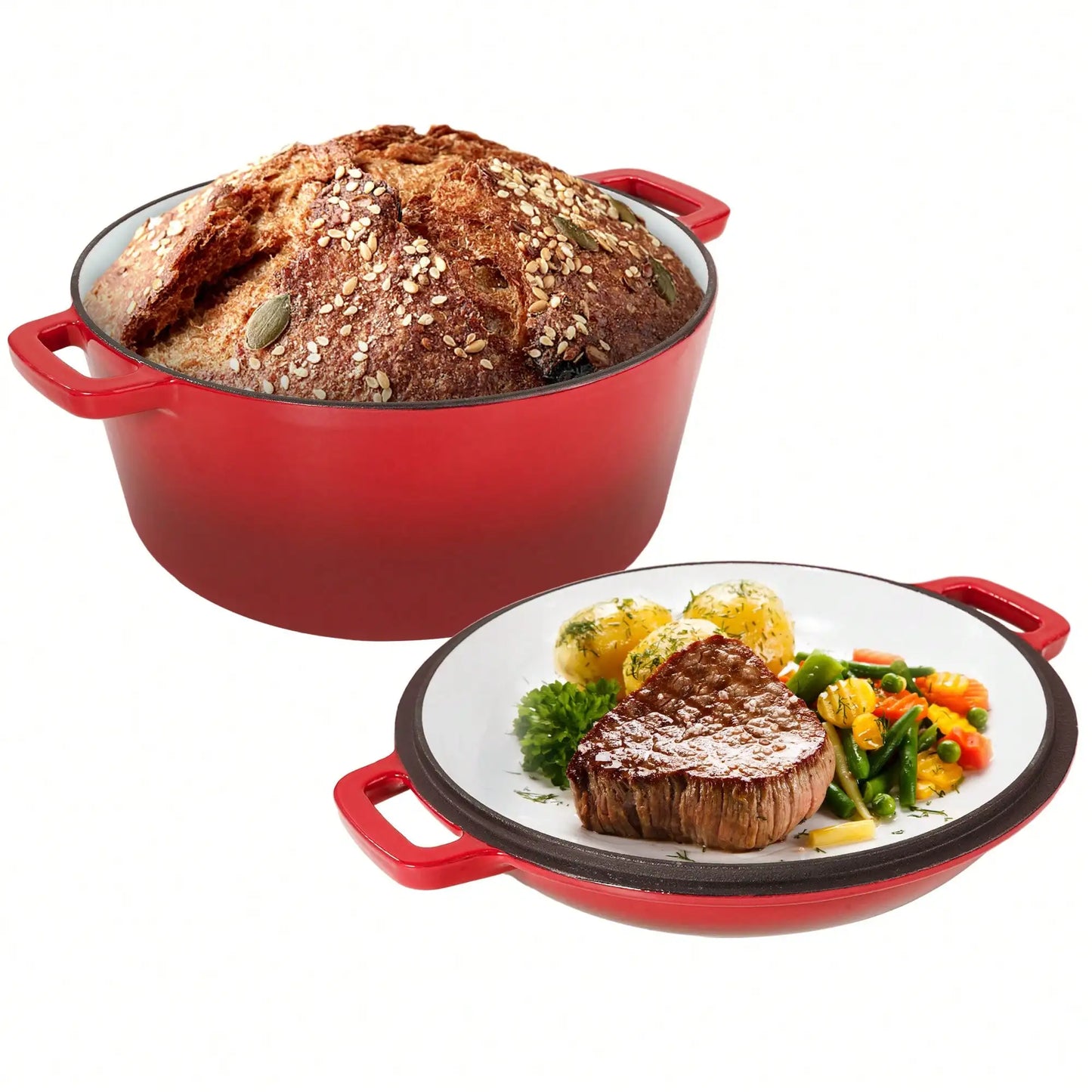 Nalupatio Kerilyn 2-In-1 Enameled Cast Iron Dutch Oven, 6QT Dutch Oven + 2QT Frying Pan Lid, Suitable For Bread Baking, Stewing