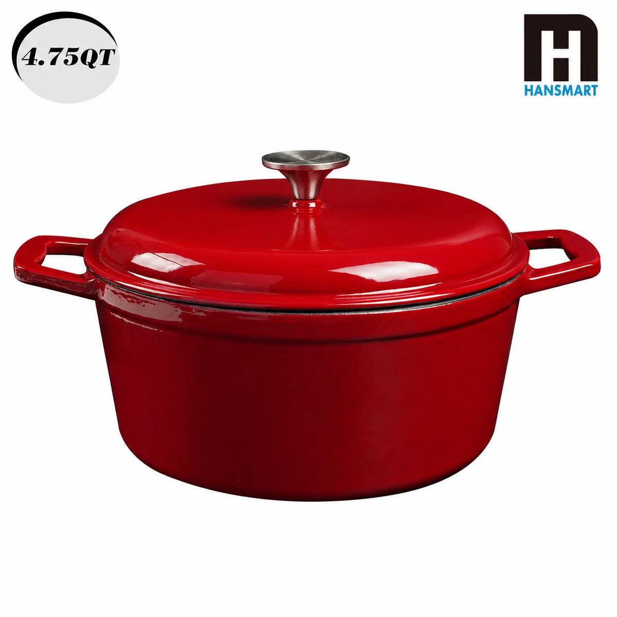 HANSMART 4.75Qt Enameled Cast Iron Dutch Oven With Lid, Non-Stick Enamel Coating Round Pot Induction & Oven Safe for Bread Baking Braising Stewing Home Cooking