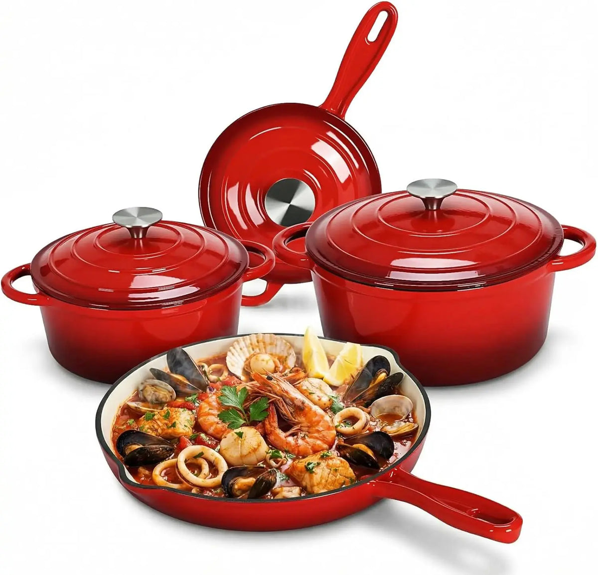 Nonstick Enameled Cast Iron Cookware Set, 7Pcs Pots and Pans Set, Gas/Induction Dutch Oven Set, PFOA & PFAS Free