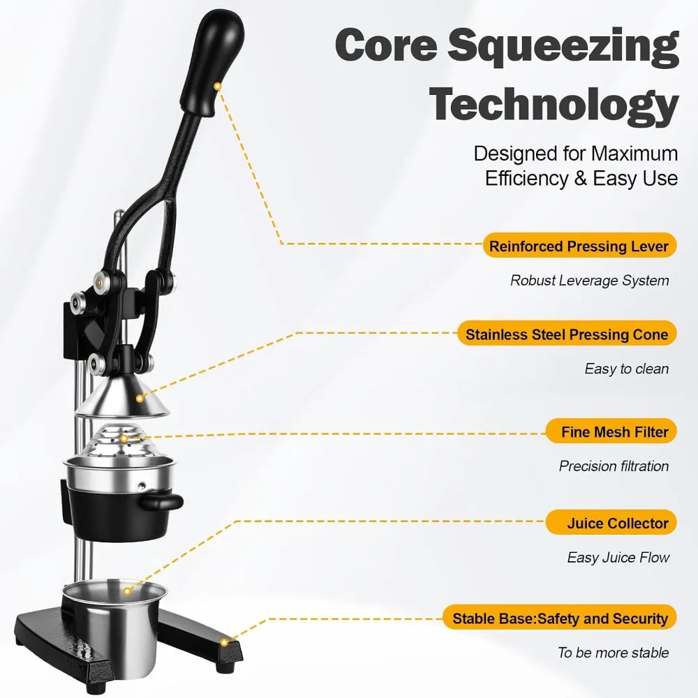 Heavy Duty Cast Iron Lemon Squeezer, 304 Stainless Steel Cone, Manual Citrus Juicer Press for Oranges, Limes, Easy Clean