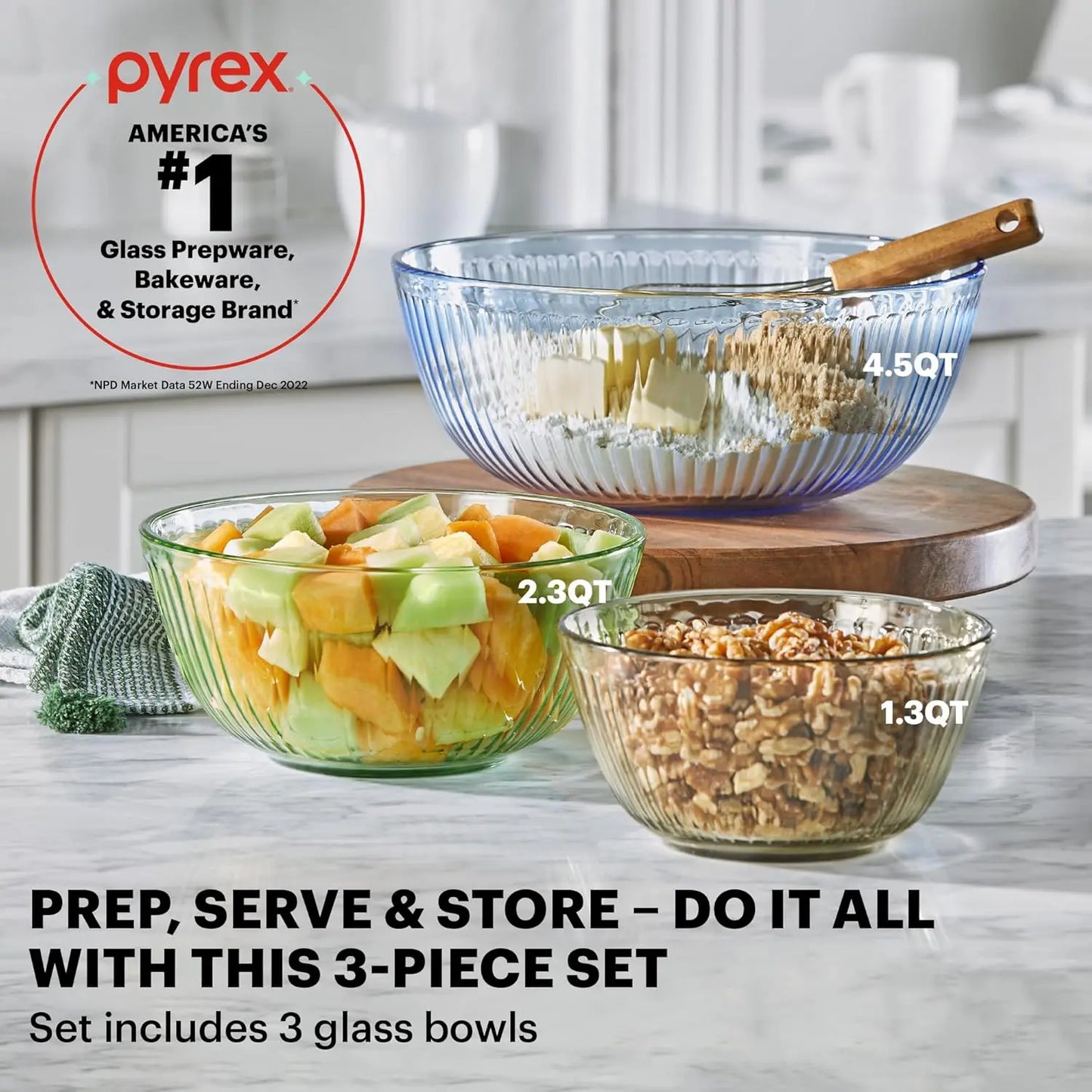 Tinted Glass Mixing Bowls with Plastic Lids, 3-Pack Nesting Set for Prepping and Baking, 1.3QT, 2.3QT & 4.5QT