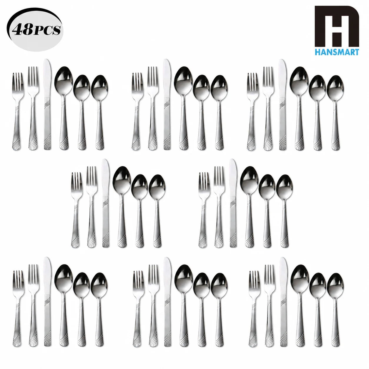 HANSMART 48-Piece Stainless Steel Flatware Set Service for 8 Silver Cutlery Set Silverware Set Kitchen Tableware Utensils Set with 16 Teaspoons Spoons Forks Knives Dinner Cutlery Silverware Sets