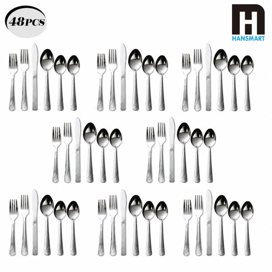 HANSMART 48-Piece Stainless Steel Flatware Set Service for 8 Silver Cutlery Set Silverware Set Kitchen Tableware Utensils Set with 16 Teaspoons Spoons Forks Knives Dinner Cutlery Silverware Sets