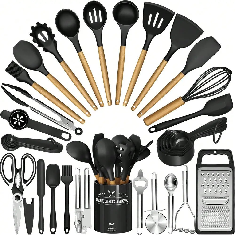 Kitchen Utensils Set 34PCS Silicone Cooking Utensils With Holder, Heat Resistant Kitchen Utensil Spatula Set For Nonstick Cookw